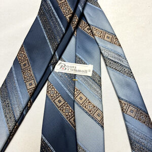 Vtg Beau Brummell Skinny Striped Blue‎ Gold & Brown Polyester Necktie W. Germany